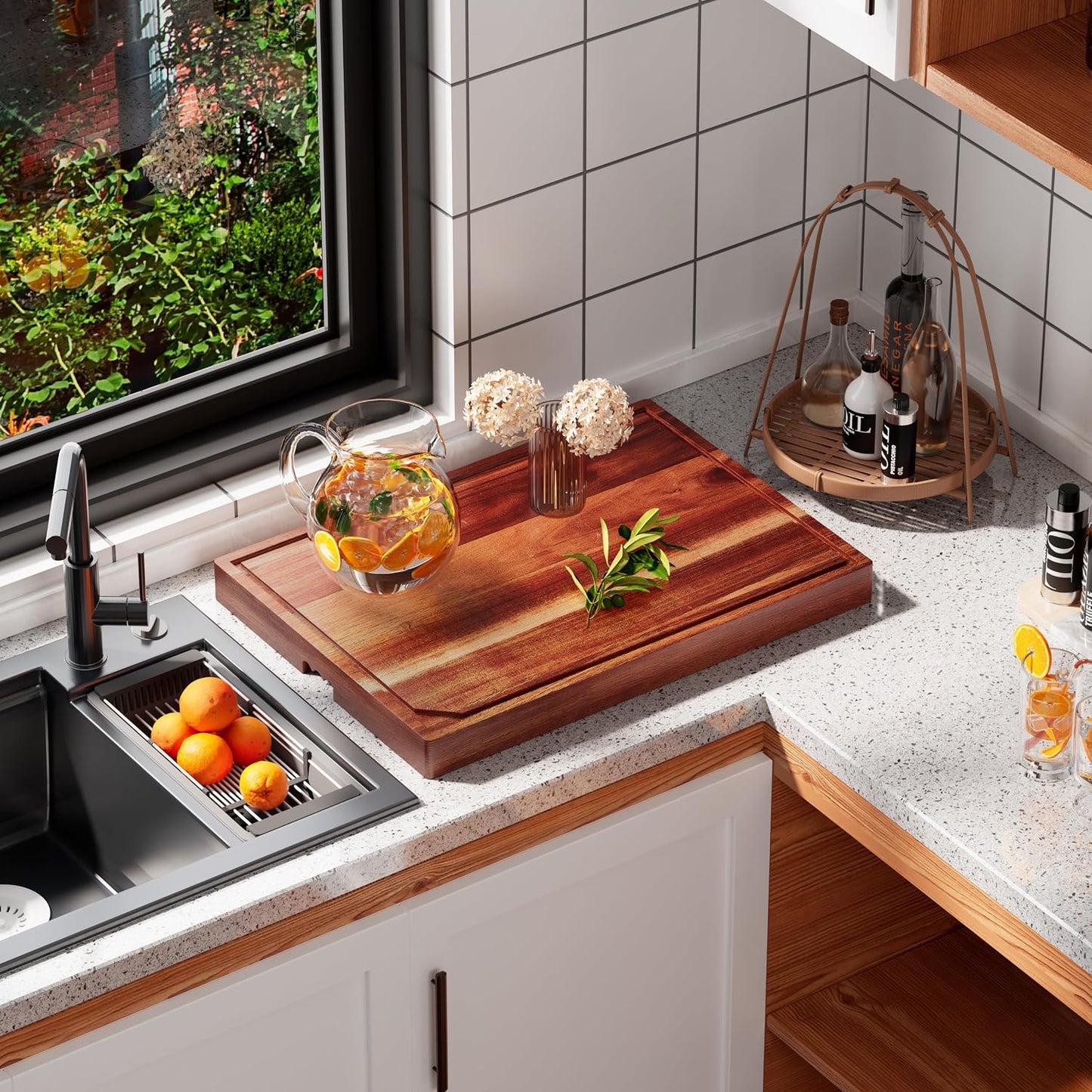 Acacia Stove Top Cover for Gas Burners &amp; Electric Stove, Noodle Board Stove Cover with Wavy Handles, Wooden Stovetop Cutting Board with Juice Grooves, Serving Tray 30"L x 22"W x 2.5"H
