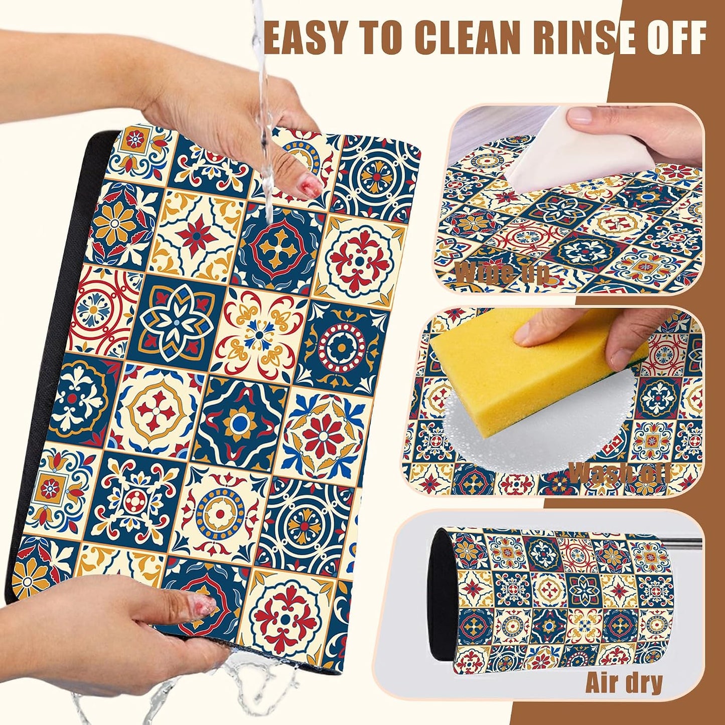 Dish Drying Mat Moroccan Tile Coffee Bar Mat for Countertop Absorbent Rubber Backed Hide Stain Dish Drainer Rack Pad Coffee Maker Espresso Machine Dining Room Decoration 11.8 x 19.7 Inch