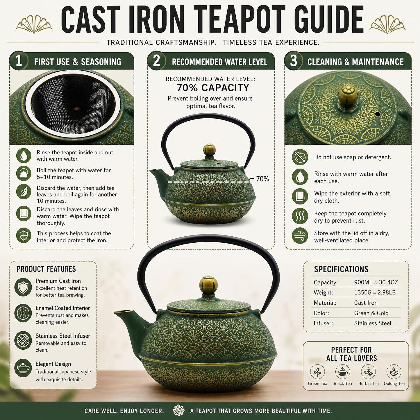 30.4oz Small Cast Iron Tea Kettle Teapot for Stovetop,Green Tea Pot | Coated with Enameled Interior, Kettle with Strainer for Loose Leaf, Chinese Cute Teapot
