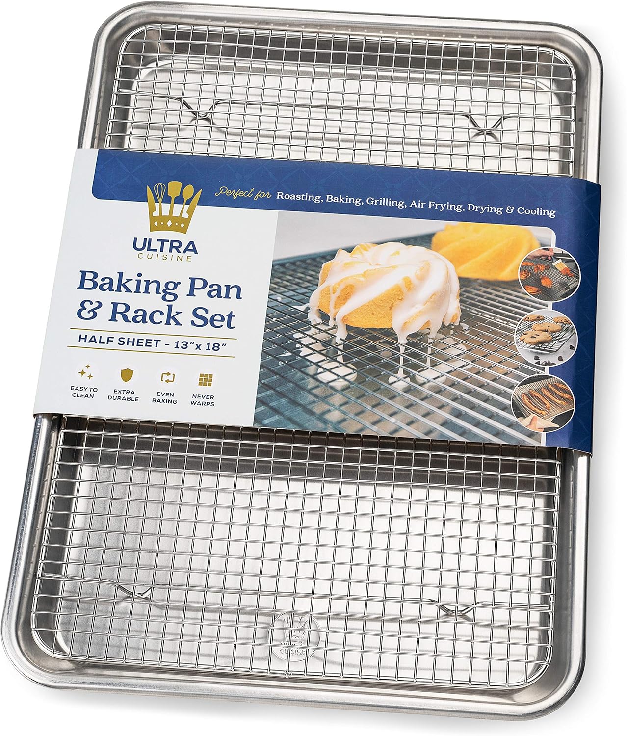 Aluminum Baking Sheet with Cooling Rack Set, 13'' x 18'' | 100% Stainless Steel Rack, Oven Safe, Half Sheet Size Pan, Durable Rimmed Sides, Easy Clean, Commercial Quality for Cooking