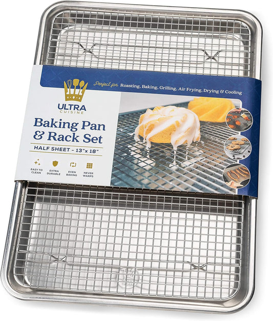 Aluminum Baking Sheet with Cooling Rack Set, 13'' x 18'' | 100% Stainless Steel Rack, Oven Safe, Half Sheet Size Pan, Durable Rimmed Sides, Easy Clean, Commercial Quality for Cooking