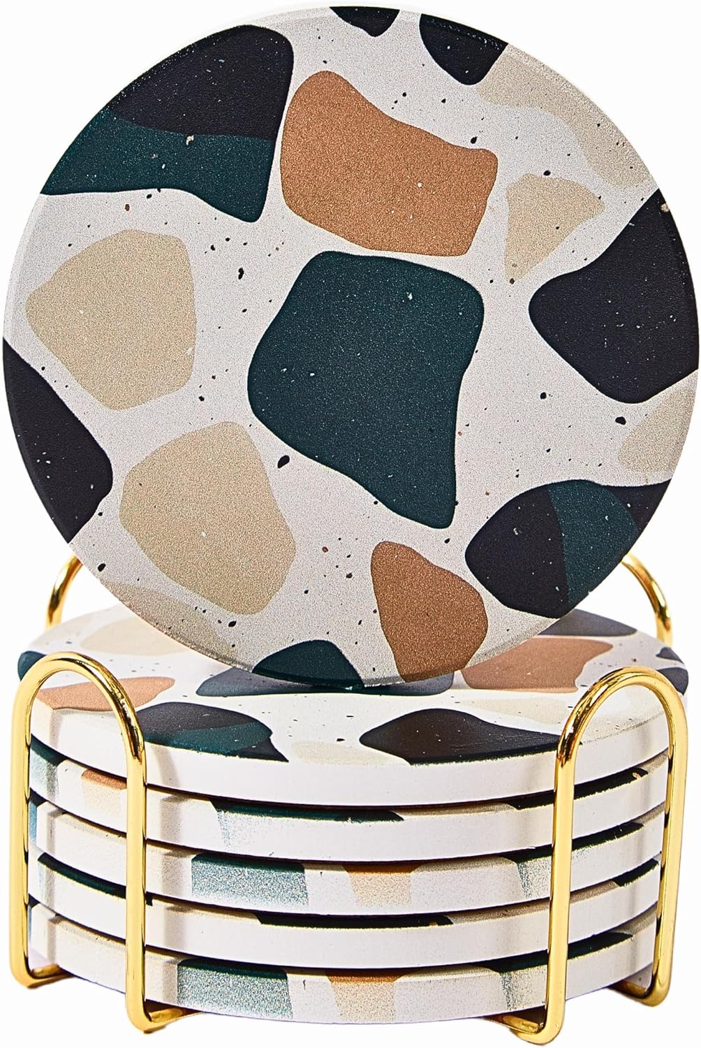 Black Terrazzo Drink Absorbent Coasters with Holder Set of 6, Ceramic Coaster for Drinks, Coffee Tab