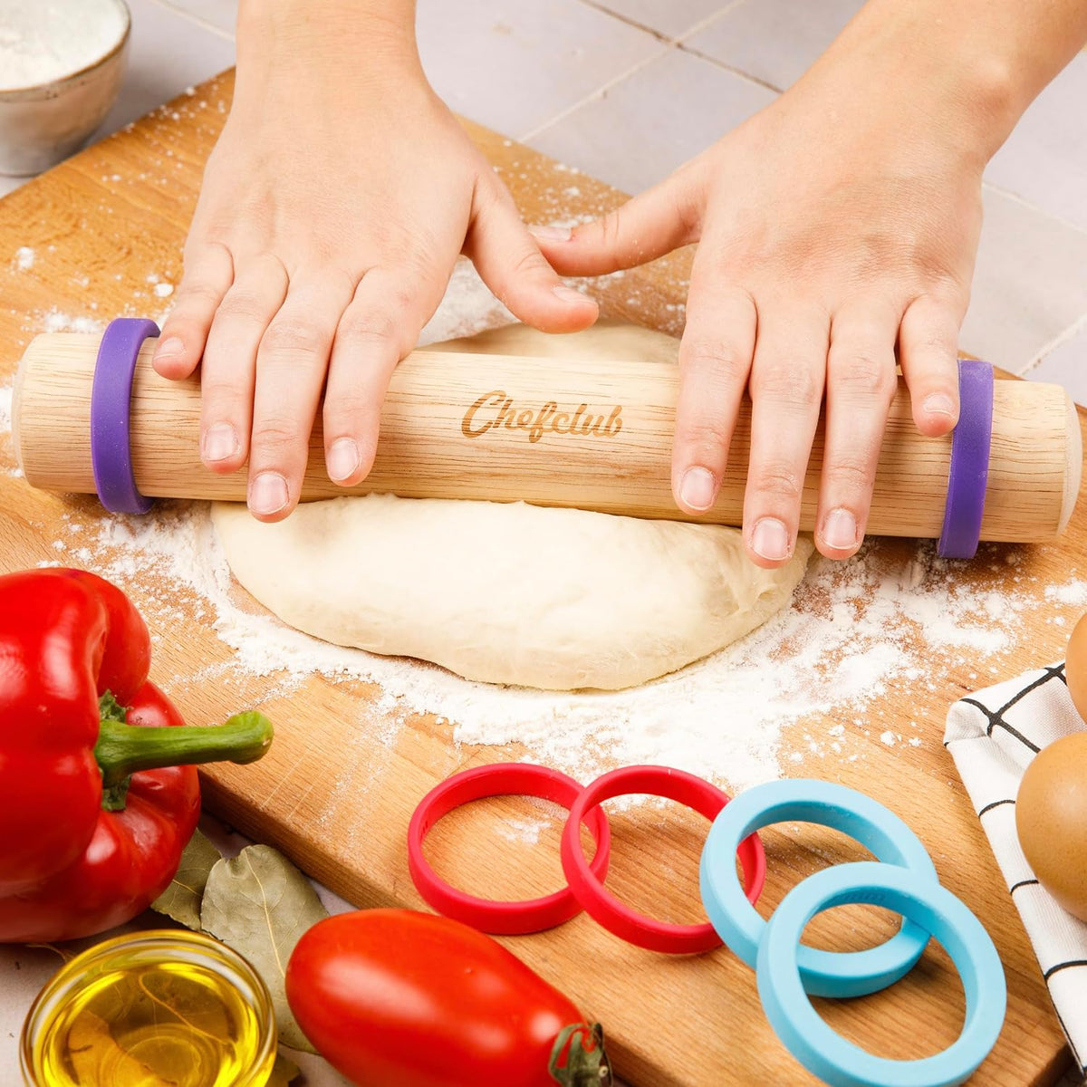 Chefclub Kids Adjustable Wooden Rolling Pin - 3 Removable Silicone Rings - Perfect for Baking &amp; Pastry, Pizza, Pie, Cookie Dough - Precision Baking Tool for Kids | 3 Removable Silicone Rings for 3 Different Dough Thicknesses – 7 mm, 5 mm and 3 mm – Re