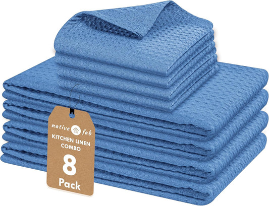 Native Fab 8 Piece Cotton Dish Towel & Dishcloths Set - Ultra Absorbent, Quick Drying, Durable Cloths for Cleaning, Cooking,