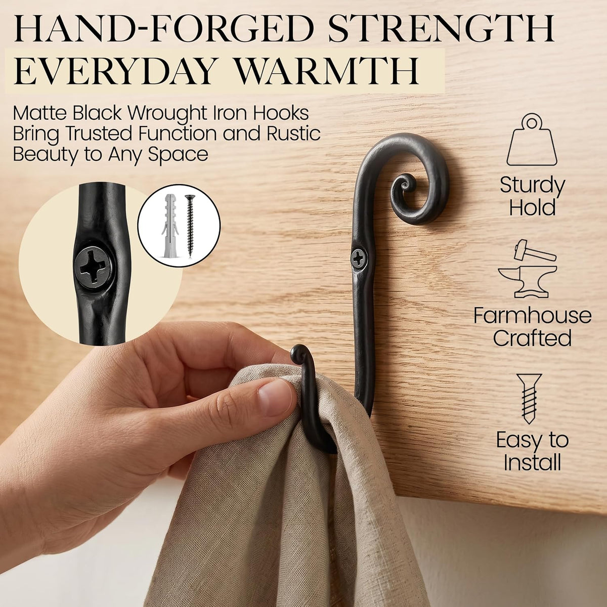 RTZEN Classic Farmhouse Wall Mount Multi-Use Wrought Iron Hook Set (3 Pack)