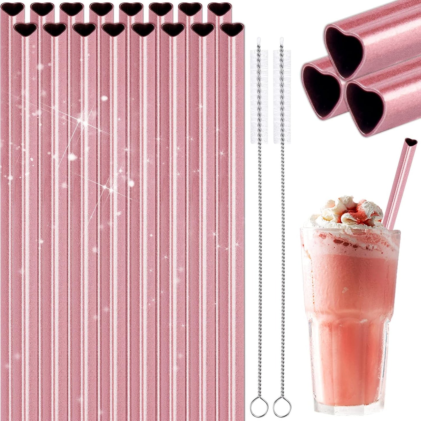 NiHome 8.5” Heart-Shaped Stainless Steel Straws Fit for Smoothie, Cocktails | 16-Pack Metal Straws with 2 Brushes for Holiday, Valentine’s Day, Reusable Drinking for Smoothie Milkshake (Pearl Pink)