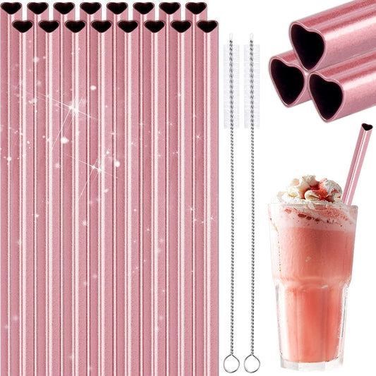 NiHome 8.5” Heart-Shaped Stainless Steel Straws Fit for Smoothie, Cocktails | 16-Pack Metal Straws with 2 Brushes for Holiday, Valentine’s Day, Reusable Drinking for Smoothie Milkshake (Pearl Pink)