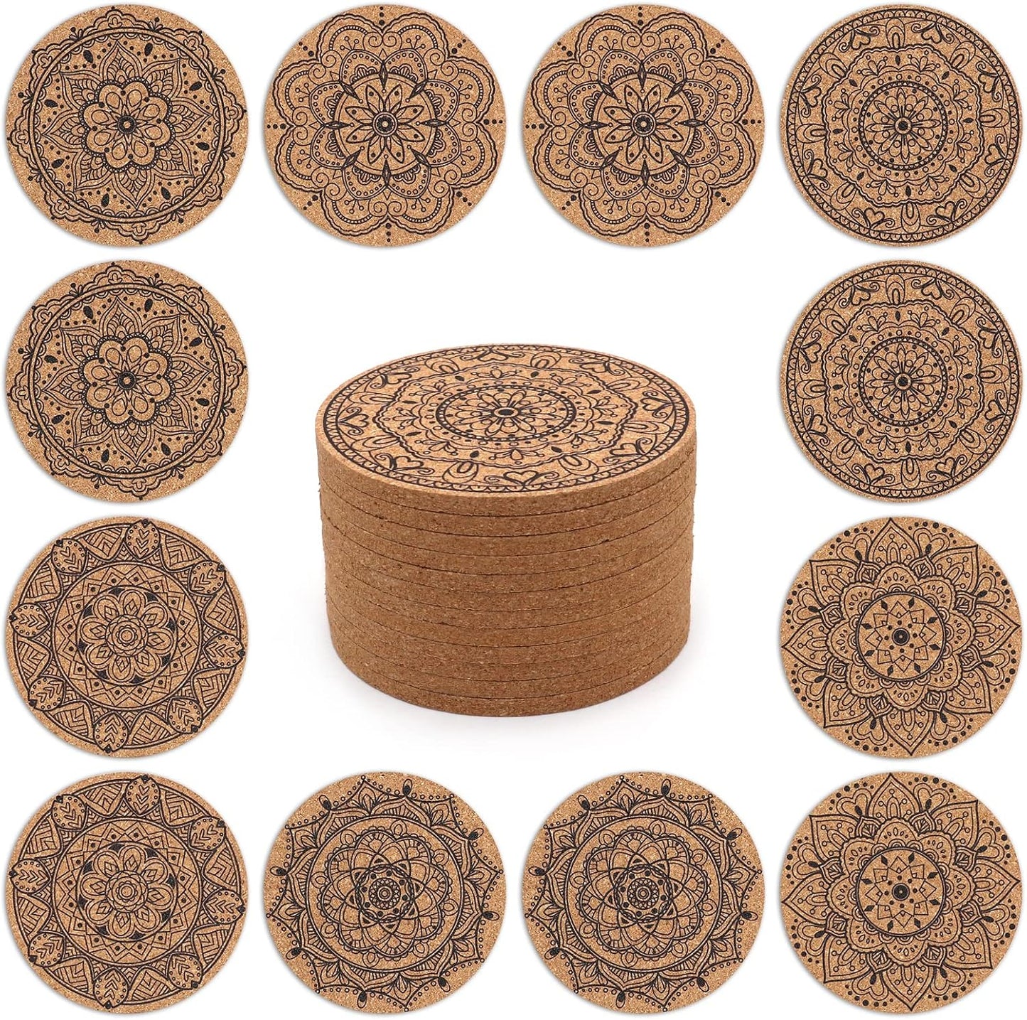 Cork Coasters for Drinks Absorbent Non Slip 12pcs 4 Inch India | Coaster for Coffee Table Housewarming Gifts for New Home Present for Friends, Living Room Decor, Apartment Decor, Elegant