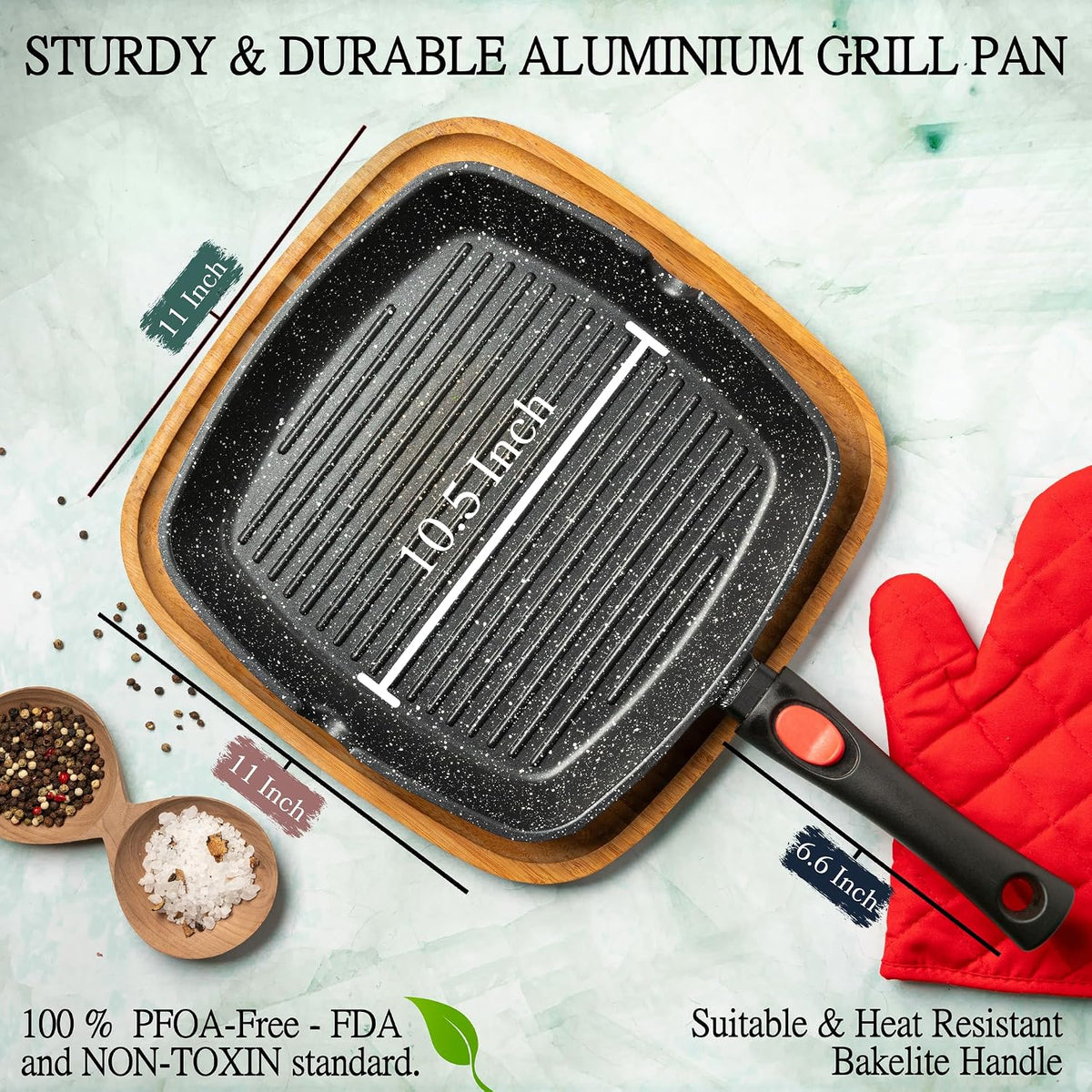 Moss &amp; Stone Grill Pan for Indoor Cooking 11Inch Nonstick Square Grill Pan