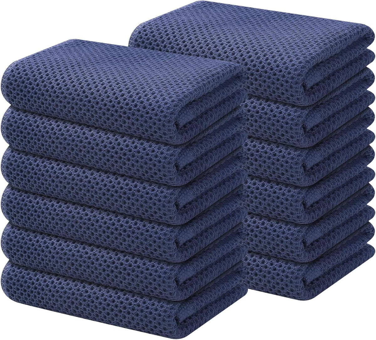 Kitinjoy 100% Cotton Waffle Weave Kitchen Towels, 12-Pack Super Soft and Absorbent Dish Towels for Drying Dishes, Kitchen Hand Towels, 13 in x 28 in, Navy Blue