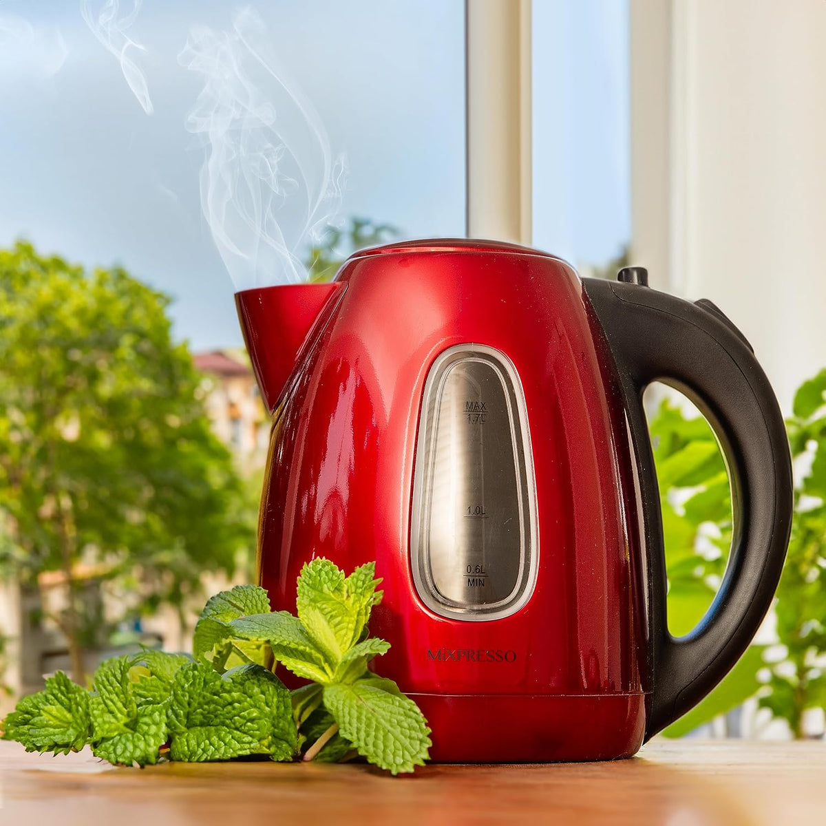 Mixpresso Red Stainless Steel Electric Kettle, 1.7L Cordless 1500W