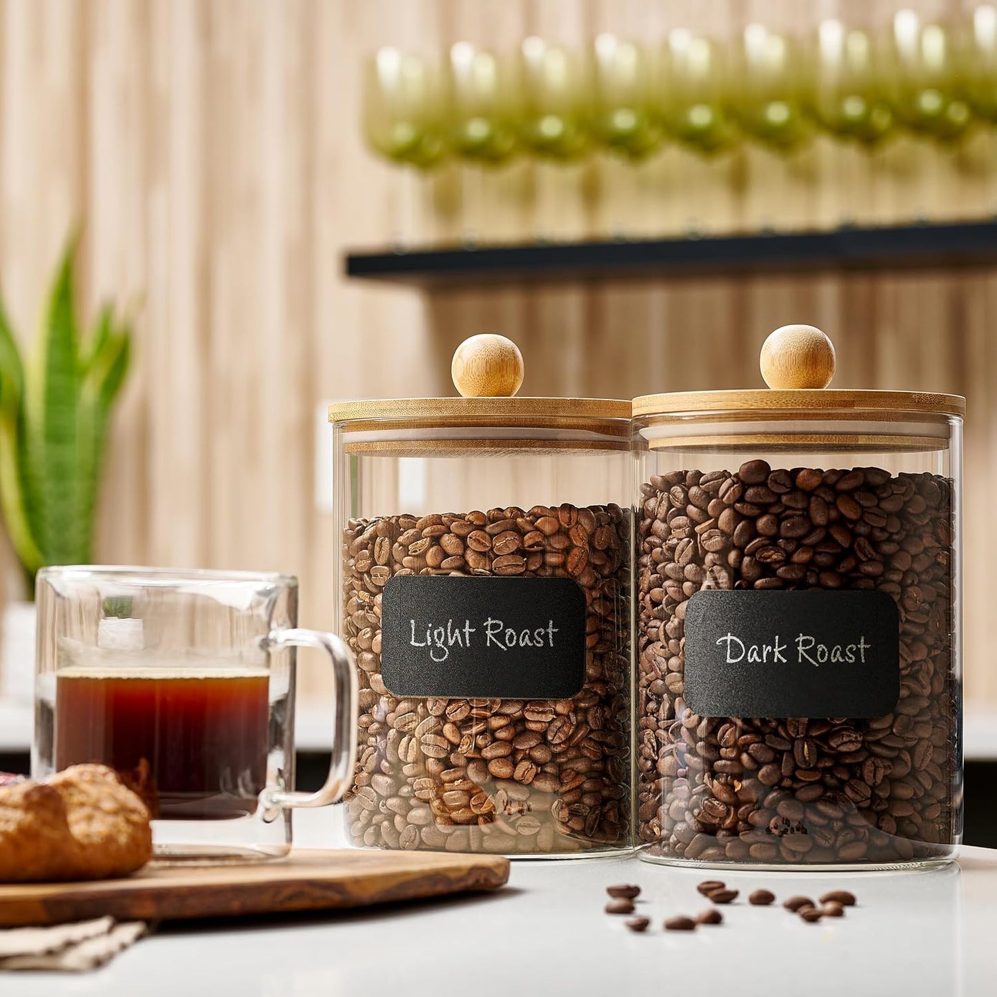 Le'raze Set of 2 Glass Canisters for Kitchen Counter with Airtight Bamboo Lids + Marker &amp; Labels - 68oz. Large Cookie Jars Wooden Lid, Food Storage Containers Pantry, Flour, Sugar, Pasta, Candy.