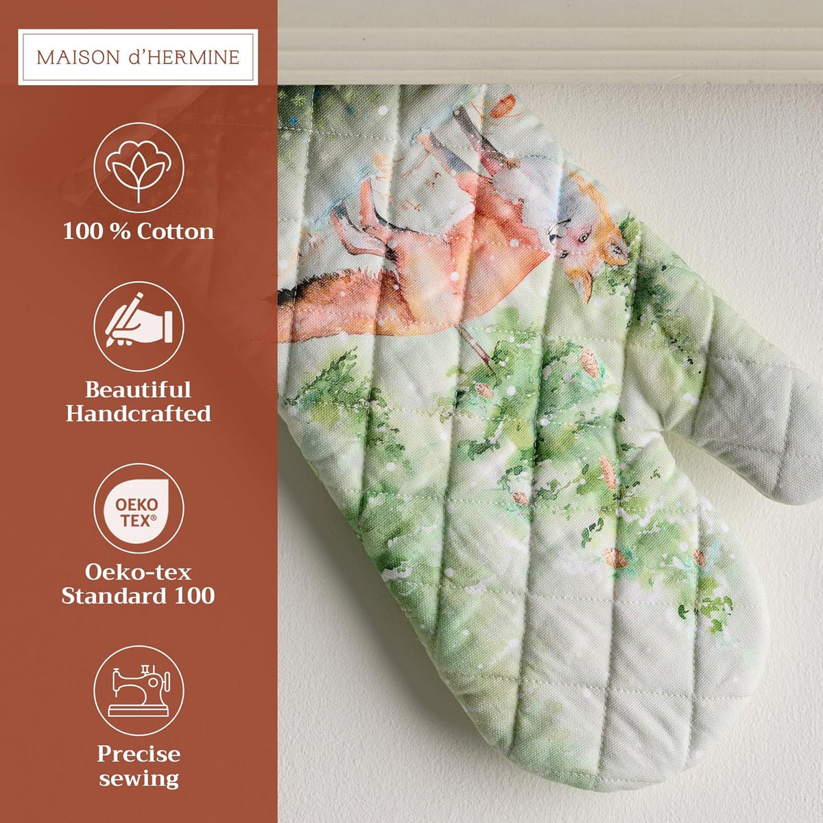Maison d' Hermine Oven Gloves 100% Cotton Oven Mitt 7" x 13" with Loop Heat Resistant, BBQ, Cooking Gloves, Baking, Grilling, Kitchen, Handling Hot Pans (Pack of 1, Winter Mornings)