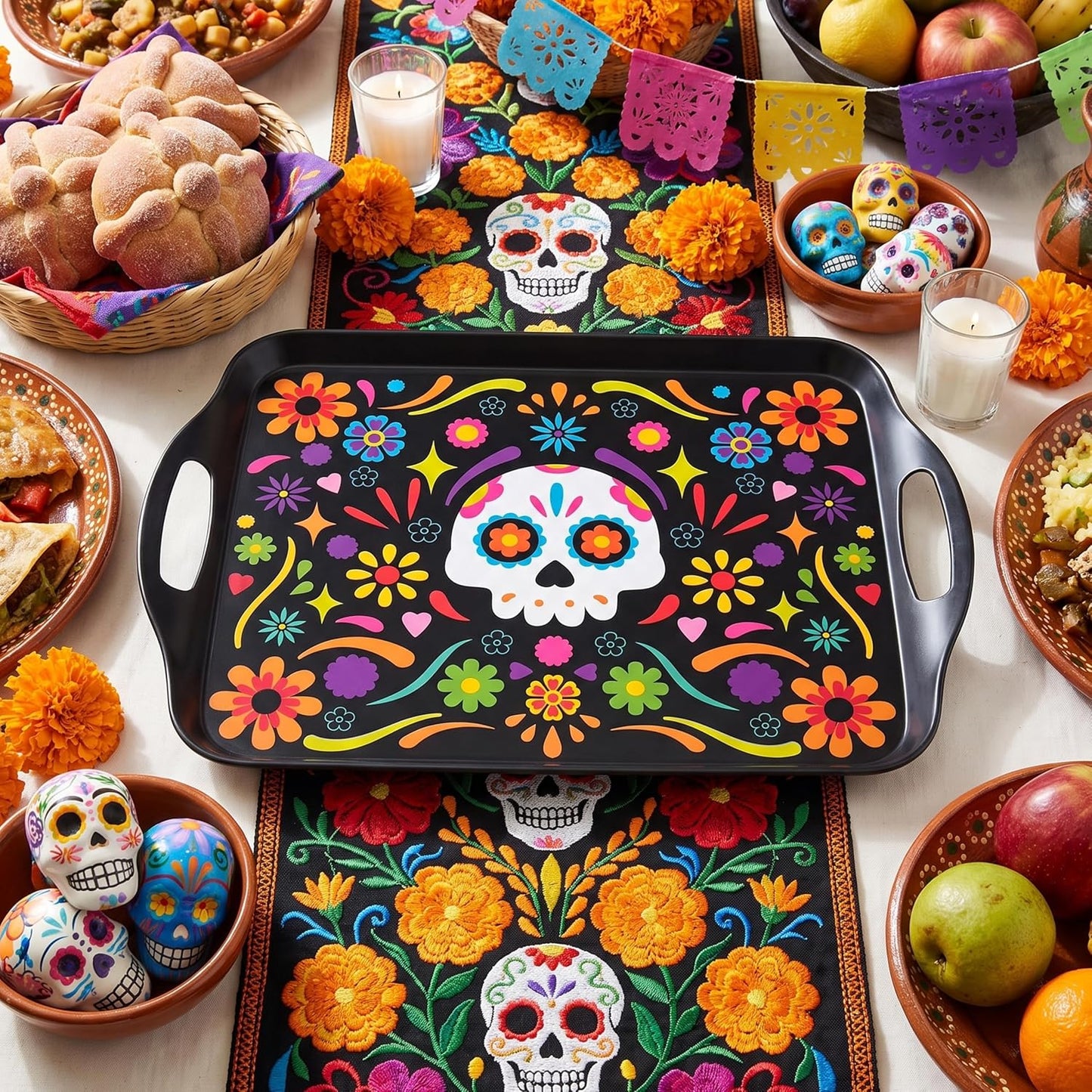 Oasis Choice 2-Pack Dia de Los Muertos Serving Trays, 17.3"×12.2" Calavera Sugar Skull Platters, Durable Bamboo Fiber, Dishwasher Safe for Fiesta &amp; Day of the Dead (Calavera Vibrant, 17inch)