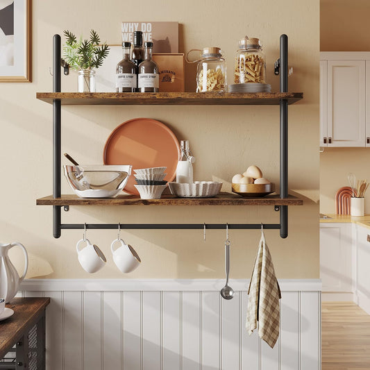 Bestier Pipe Shelf Industrial Floating Shelving 31" Kitchen Wall-Mounted Shelf with Towel Bar Hooks Coffee Bar Shelves Wine