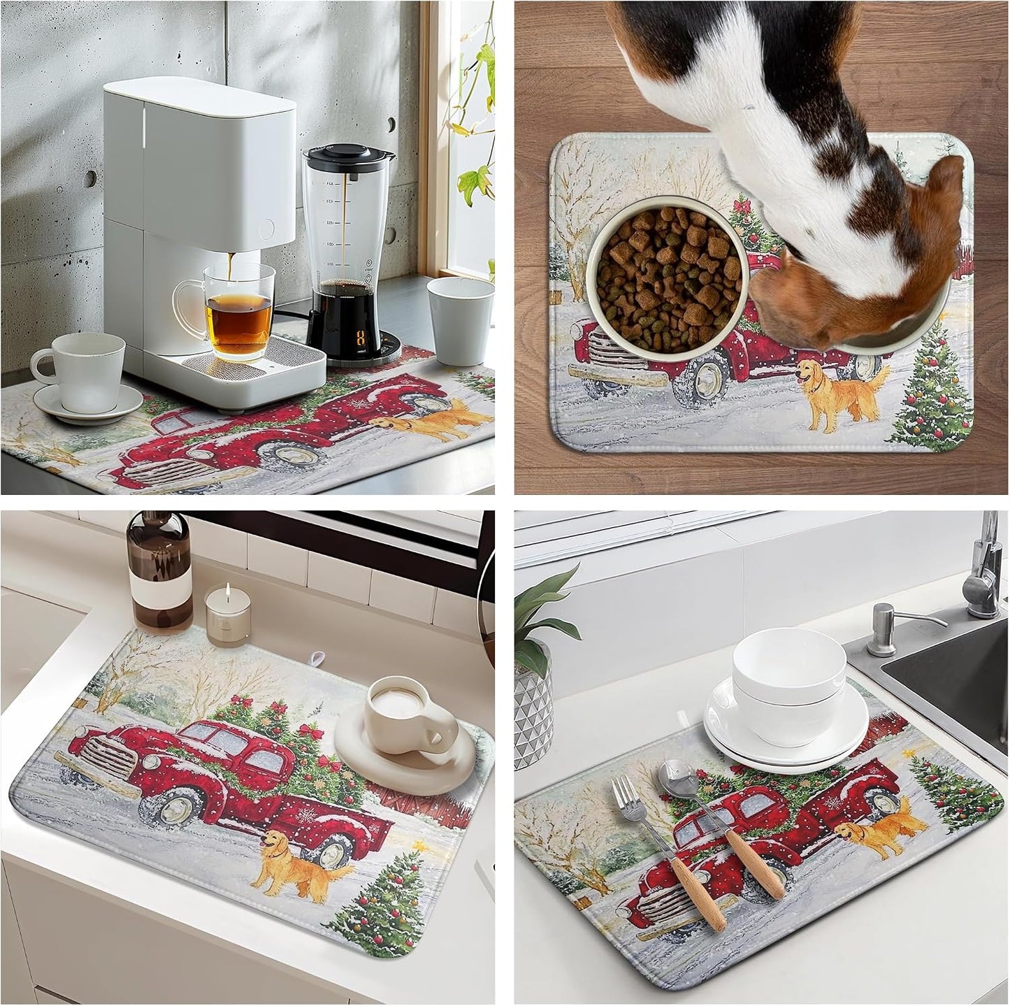 Christma Red Truck Dish Drying Mat Winter Dog Large Kitchen Mats Dish Drying Pad Xmas Tree Vintage Absorbent Dish Dryer Mat for Kitchen Countertops Microfiber Drainer Pad Dish Drying Mats (18x24 in)