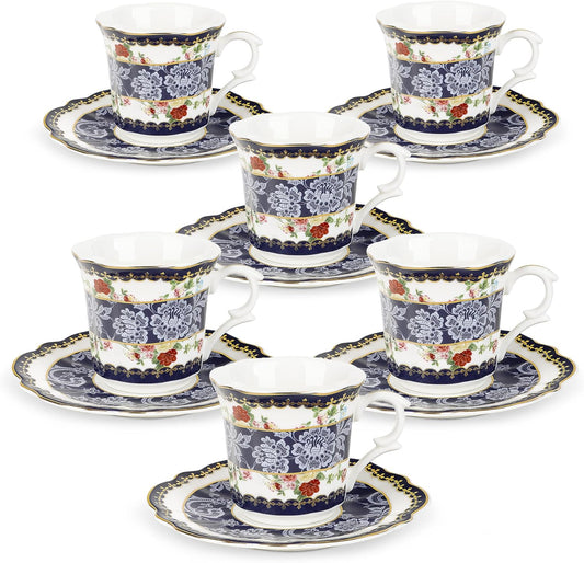 fanquare 2.5 Ounce Espresso Cups Set of 6, 12 Pieces Ceramic Demitasse Cup and Saucers, Blue Lace Pattern Espresso Mugs for