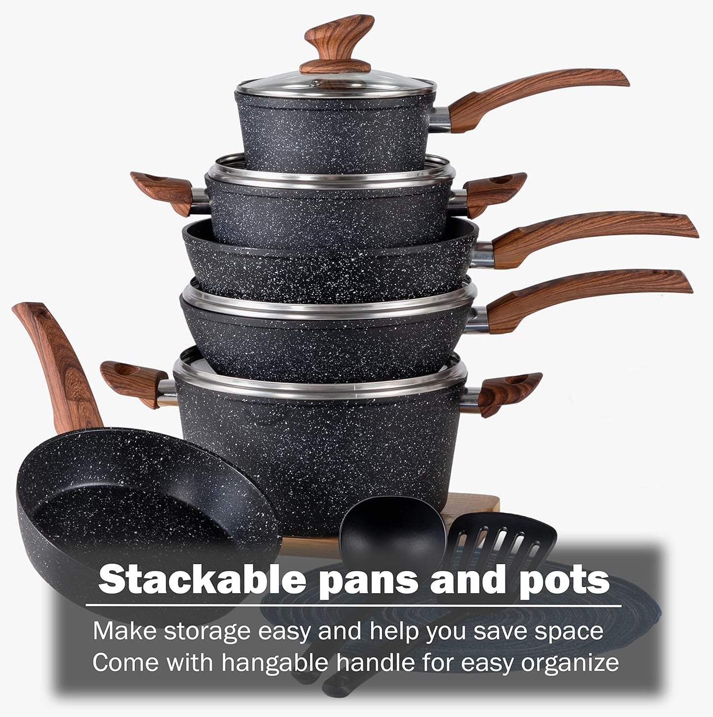 Kitchen Academy Pots and Pans Set Non Stick, 12pcs Induction Cookware | Nonstick Kitchen Cookware Set, Black Granite Coo