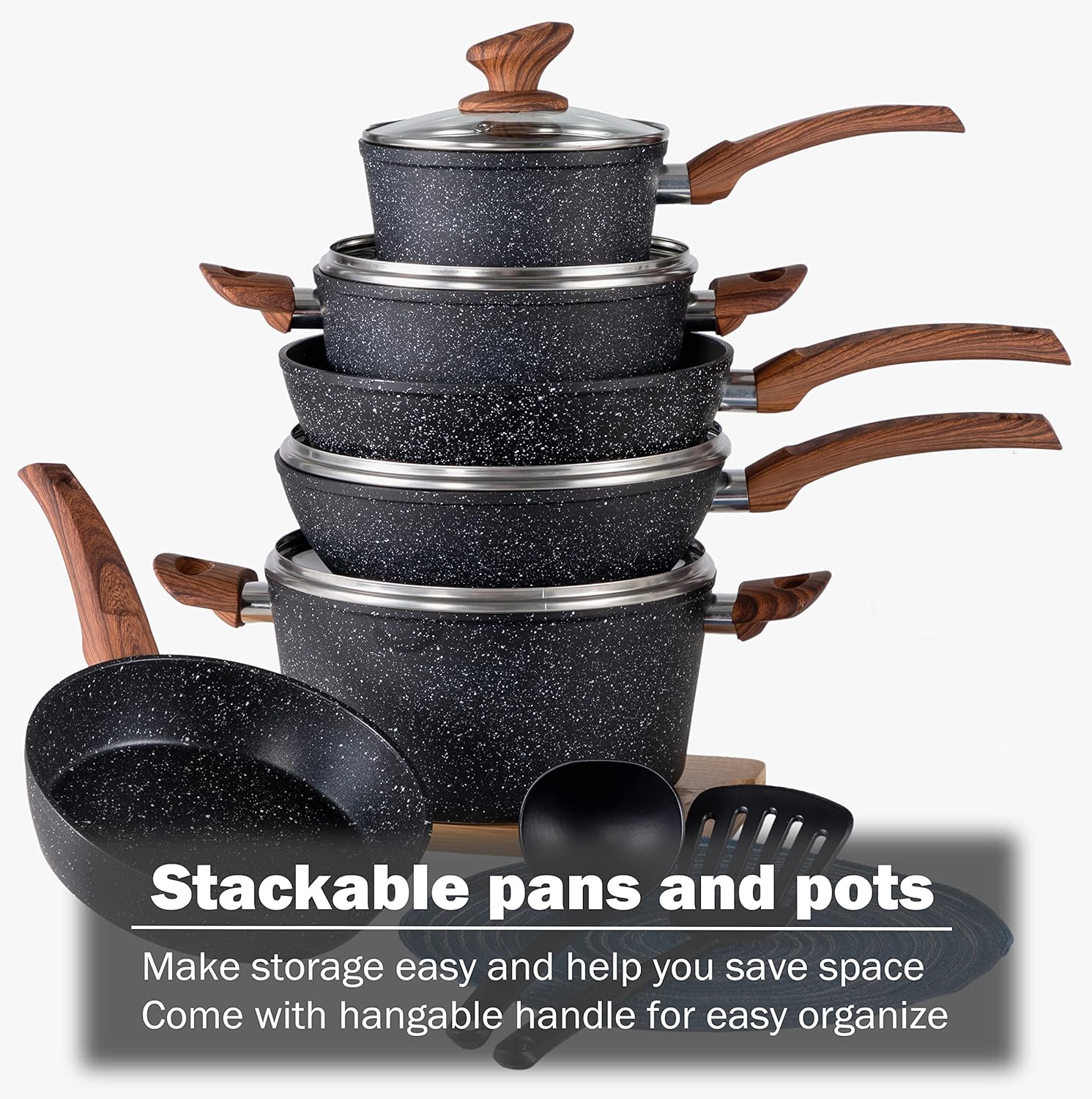 Kitchen Academy Pots and Pans Set Non Stick, 12pcs Induction Cookware | Nonstick Kitchen Cookware Set, Black Granite Coo