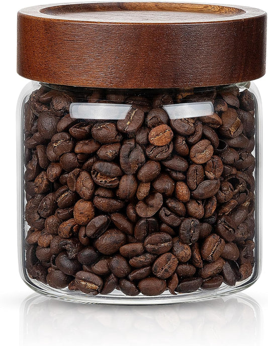 1PC Small Glass Storage Jars with Airtight Lids, 18 fl oz (550ml) coffee container with Wooden Lid, Glass Pantry Canister
