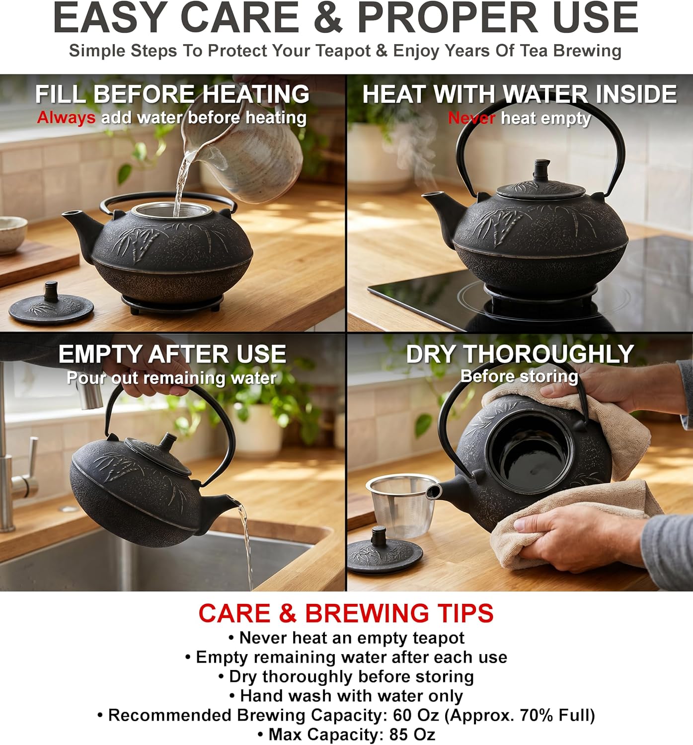 85 Oz XXL Black Bamboo Cast Iron Teapot, Enamel Interior, Infuser &amp; Trivet
