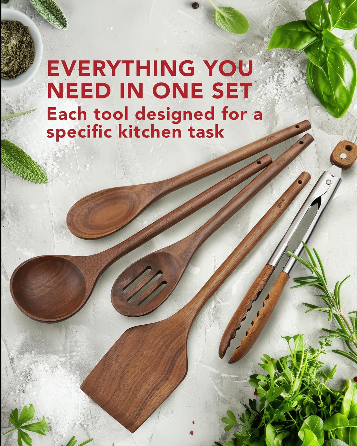Elegant 5-Piece Walnut Wood Kitchen Utensil Set – Non-Scratch, Heat-Resistant Cooking Utensil Set with Kitchen Tongs, Spoons, Spatula &amp; Ladle – Lightweight, Durable &amp; Perfect for Daily Use or Gifting