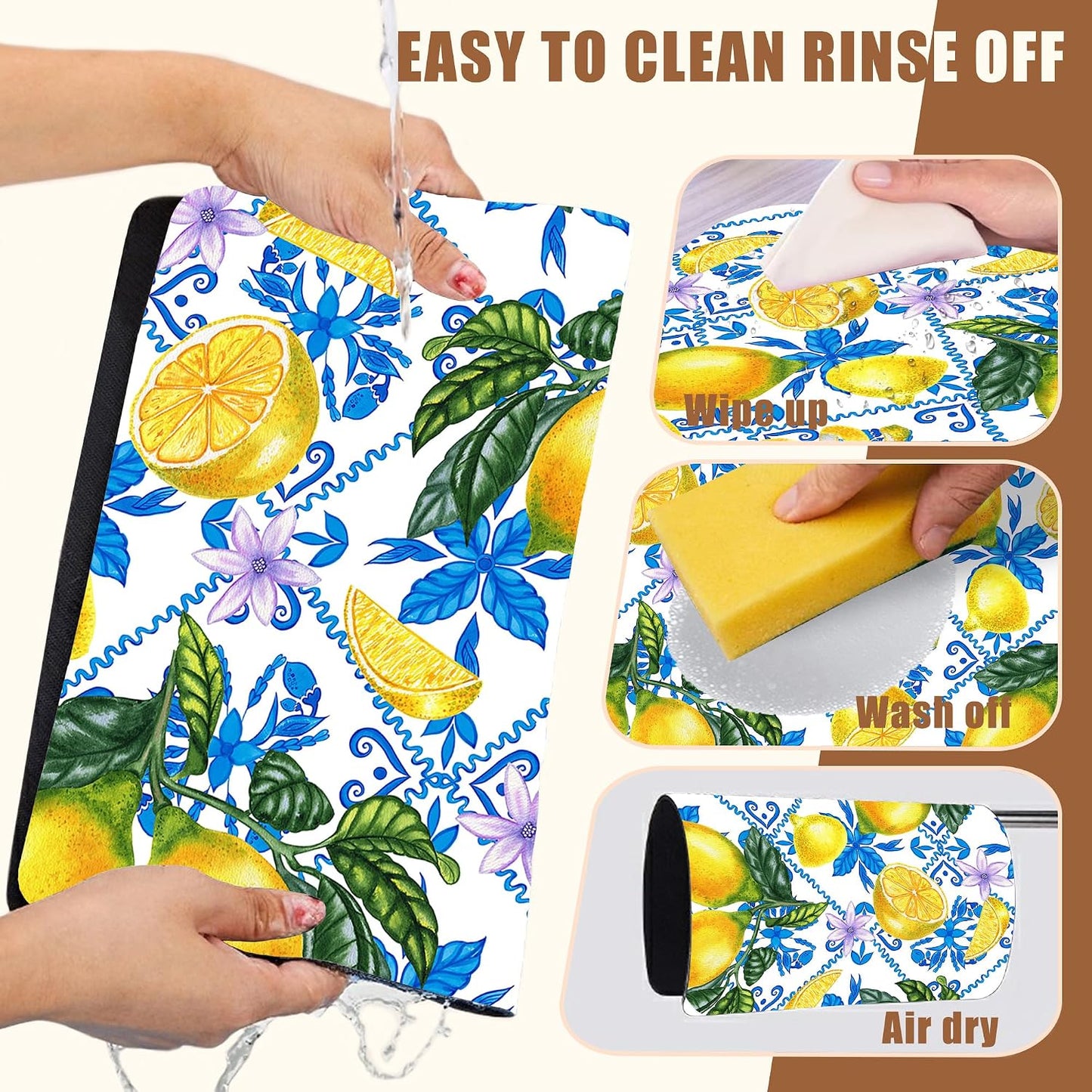 Lemon Fruit and Purple Flower Coffee Mat Absorbent Dish Drying Mat for Kitchen Counter Hide Stain Rubber Backed Coffee Bar Accessories Fit Under Espresso Machine Dish Drainer, 11.8 x 19.7 Inch