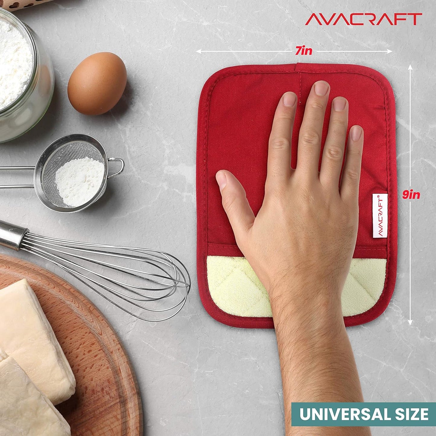 AVACRAFT Red Pot Holders Set, Flexible, 100% Cotton with Non-Slip Heat Resistant Silicone Design, Thick Terry Cloth