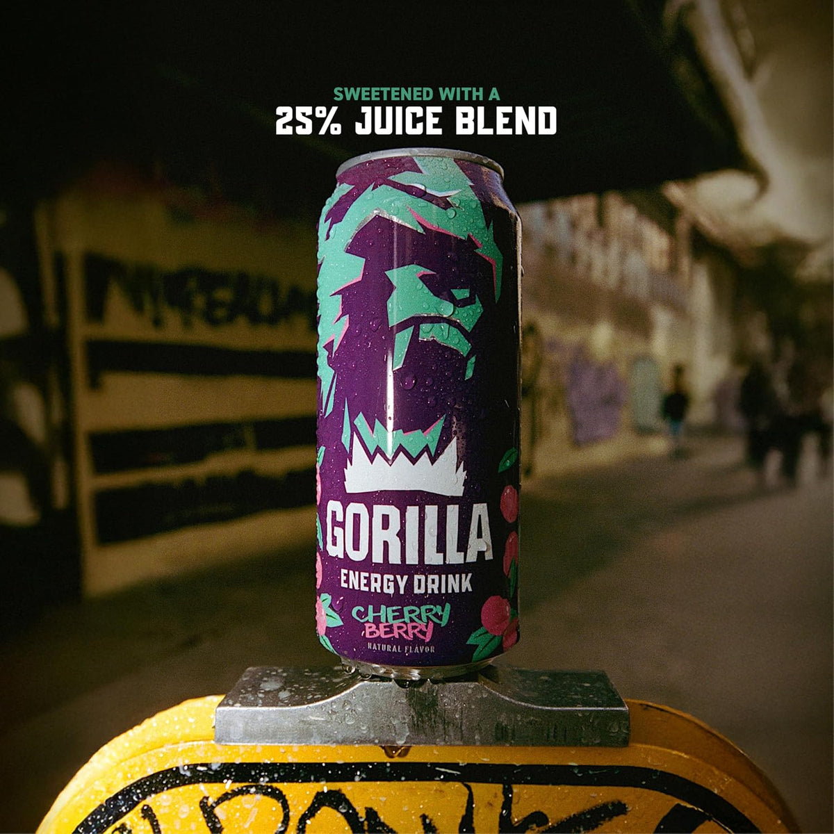 Gorilla Energy Drink, Cherry Berry, 200mg Natural Caffeine, Real Fruit Juice Squeezed &amp; Concentrated, L-Theanine, Taurine, Ginseng, Acetyl L-Carnitine, No Added Sugar and No Artificial Colors, 12 Pack