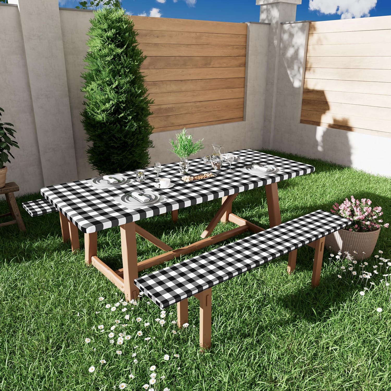 Smiry 6FT Picnic Table Cover with Bench Covers, Elastic Fitted Tablecloth | Waterproof Washable Rectangle Tablecloths ,B