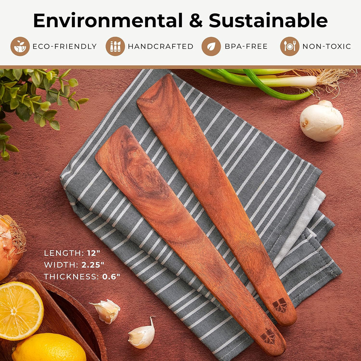 Wooden Spatula for Cooking, Flat Teak 12" Turner, Sturdy &amp; Easy to Clean