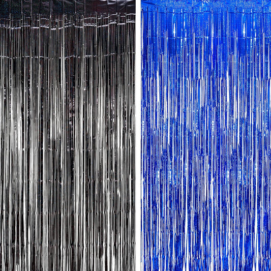 Foil Fringe Curtain Party Decorations - Black Blue Metallic Tinsel Photo Booth Backdrop Party Steamers Curtains for