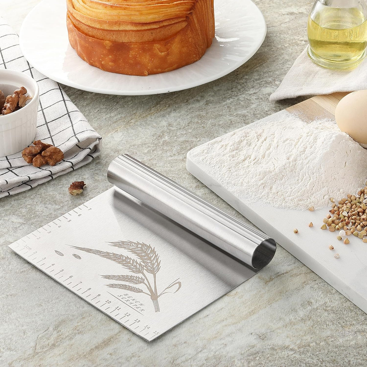 2PCS Dough Pastry Bench Cutter Scraper, OLULU Stainless Steel Kitchen Food Scraper with Protective Cover, Anti-Wear Laser-Engraved Measuring Scale and Ear Of Wheat, Dishwasher Safe (2Pack, 6 inch)