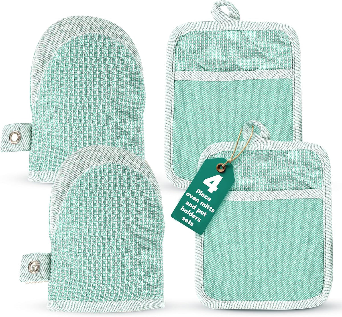 Casa Platino Heat Resistant Oven Mitts &amp; Pot Holders, 4-Piece – Oven Mitt for Baking &amp; BBQ, Potholders for Kitchens – Withstands Heat Up to 500°F, Soft, Durable &amp; Non-Slip – Sage