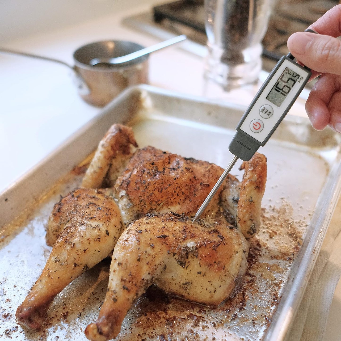 Lavatools PT09 Super-Quick Commercial Grade Digital Thermometer for Cooking, Meat, Candy, Candle, Liquid, Oil, 4.5" Compact Probe, Splash Proof, °C/°F Toggle, Hold Function - Sambal
