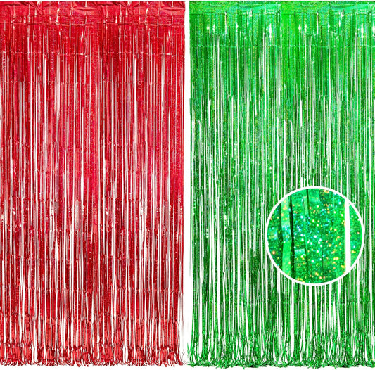 BRAVESHINE Tinsel Foil Fringe Curtains - 2 Pack 3.2 x 8.2 ft Metallic Photo Booth Streamer Backdrops for Birthdays Fiestas