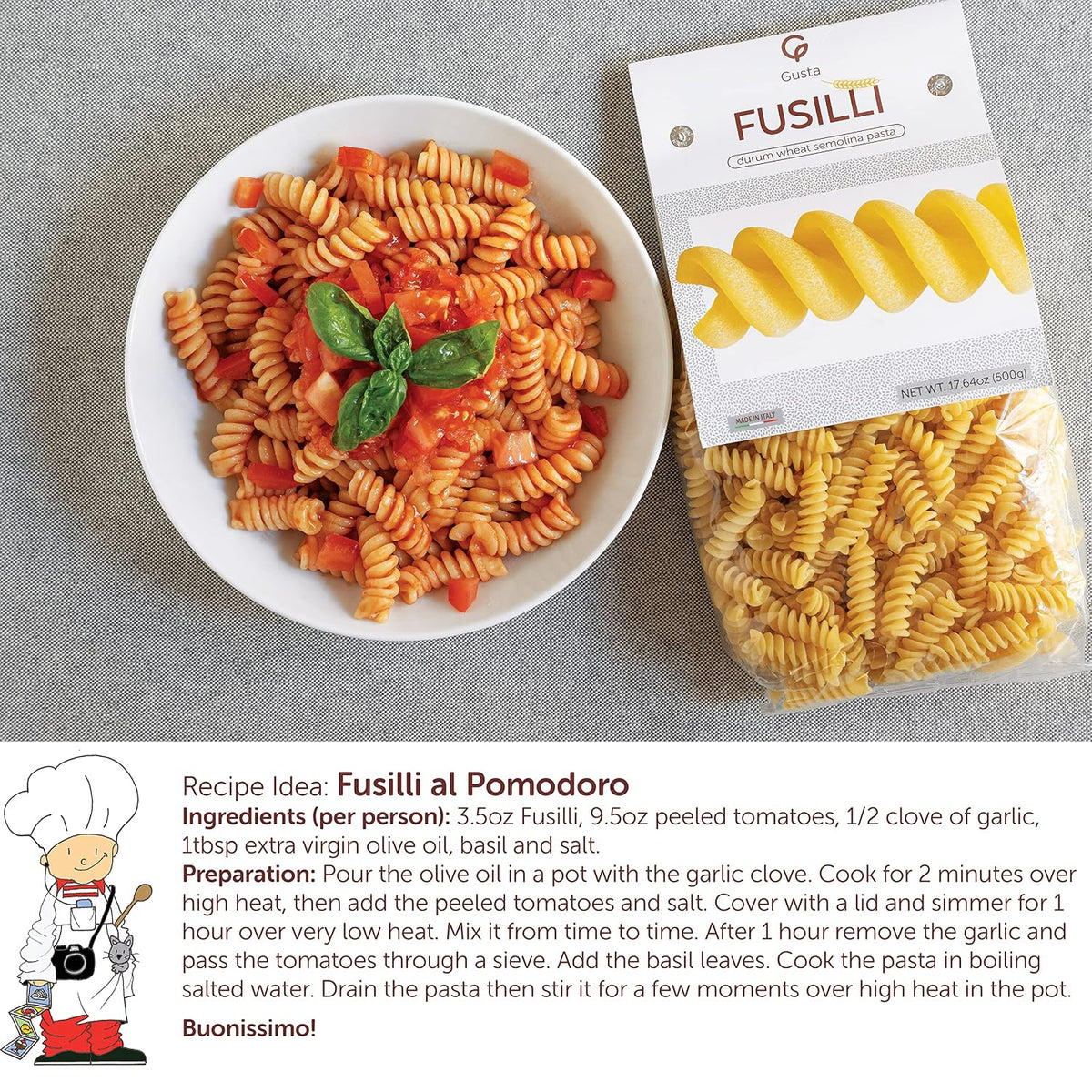 Gusta Rotini Fusilli Pasta - Premium Italian Pasta from Italy - Durum Wheat Semolina Organic "Al Dente" Pasta - Non-GMO &amp; Gourmet Pasta - Family Owned Brand - 17.64oz / 500g (2 Pack)
