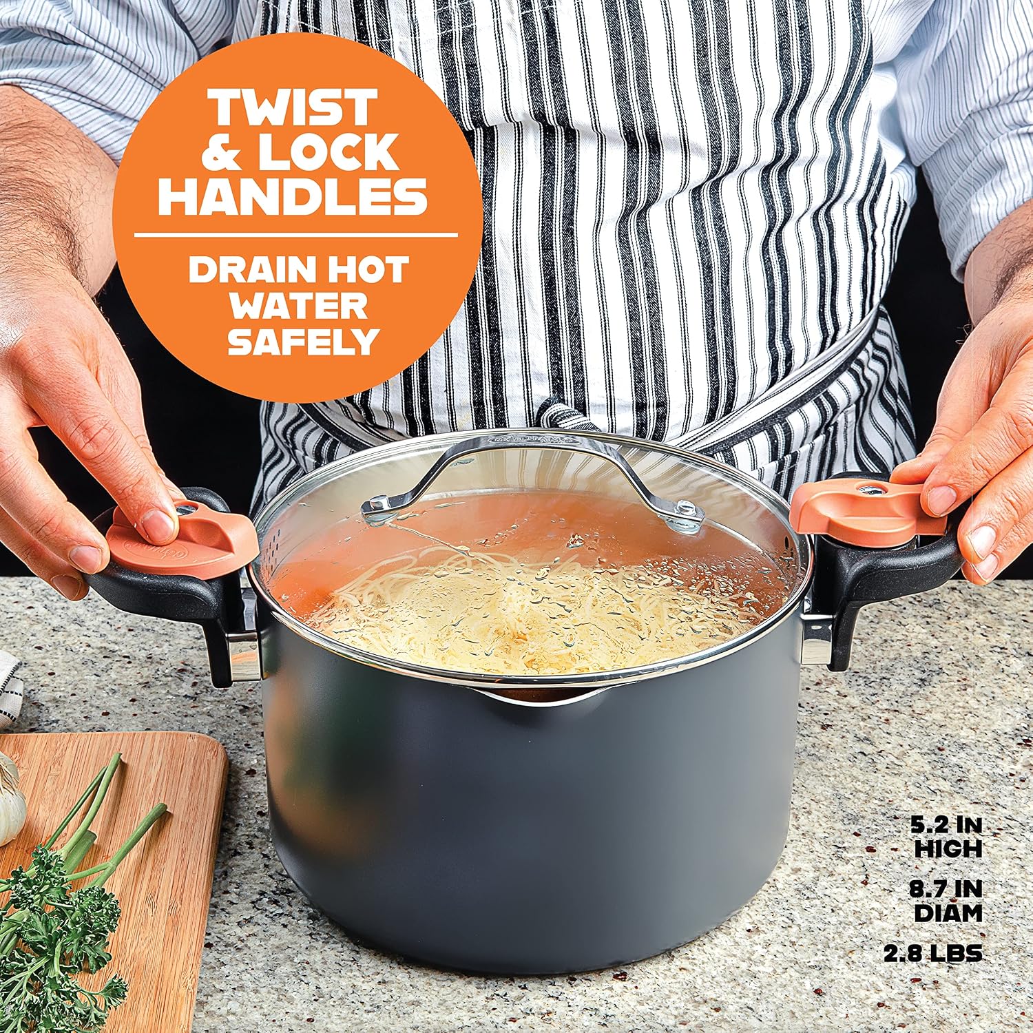 Gotham Steel 5 Quart Stock Pot Multipurpose Pasta Pot with Strainer Lid & Twist and Lock Handles, Nonstick Ceramic Surfa