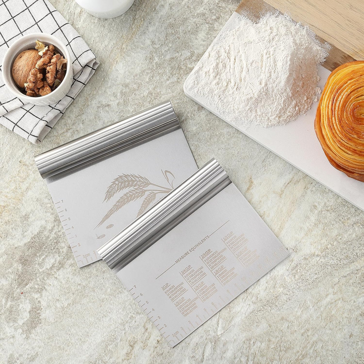 2PCS Dough Pastry Bench Cutter Scraper, OLULU Stainless Steel Kitchen Food Scraper with Protective Cover, Anti-Wear Laser-Engraved Measuring Scale and Ear Of Wheat, Dishwasher Safe (2Pack, 6 inch)