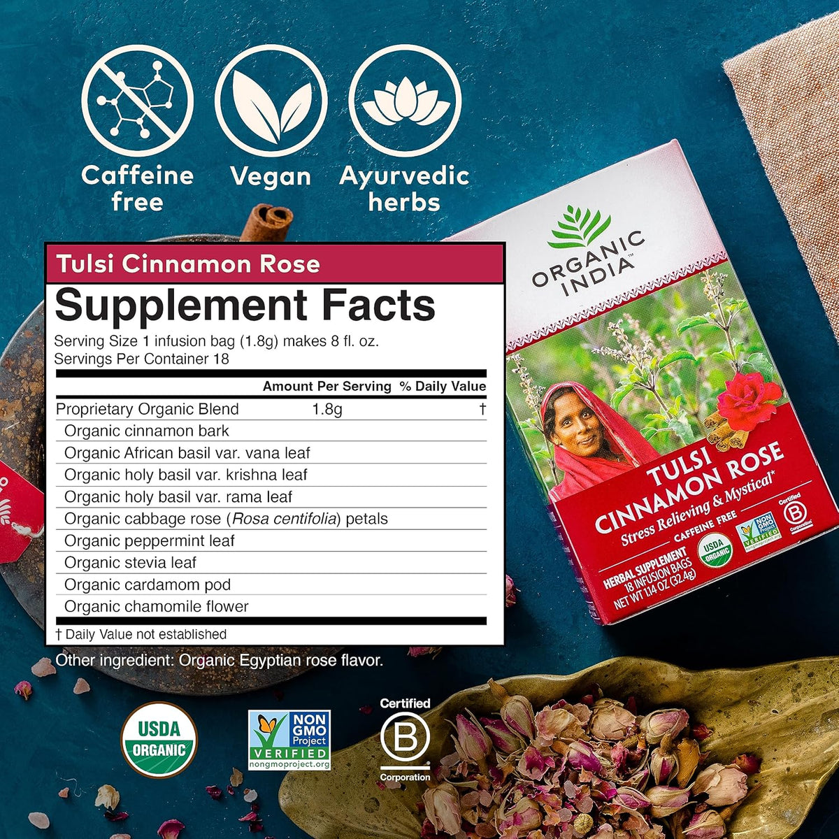 Organic India Tulsi Cinnamon Rose Herbal Tea - Holy Basil, Stress Relieving &amp; Mystical, Immune Support, USDA Certified Organic, Supports Sugar Metabolism, Caffeine-Free - 18 Infusion Bags, 6 Pack