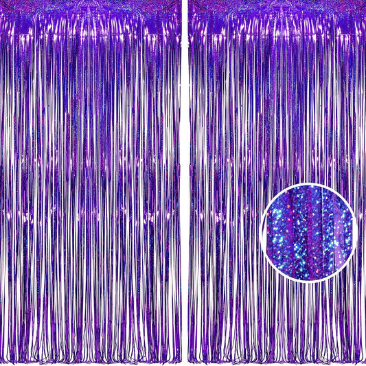 BRAVESHINE Purple Tinsel Foil Fringe Curtains - 2Pcs 3.2x8.2ft Metallic Holidays Photo Backdrop for Halloweens Birthdays
