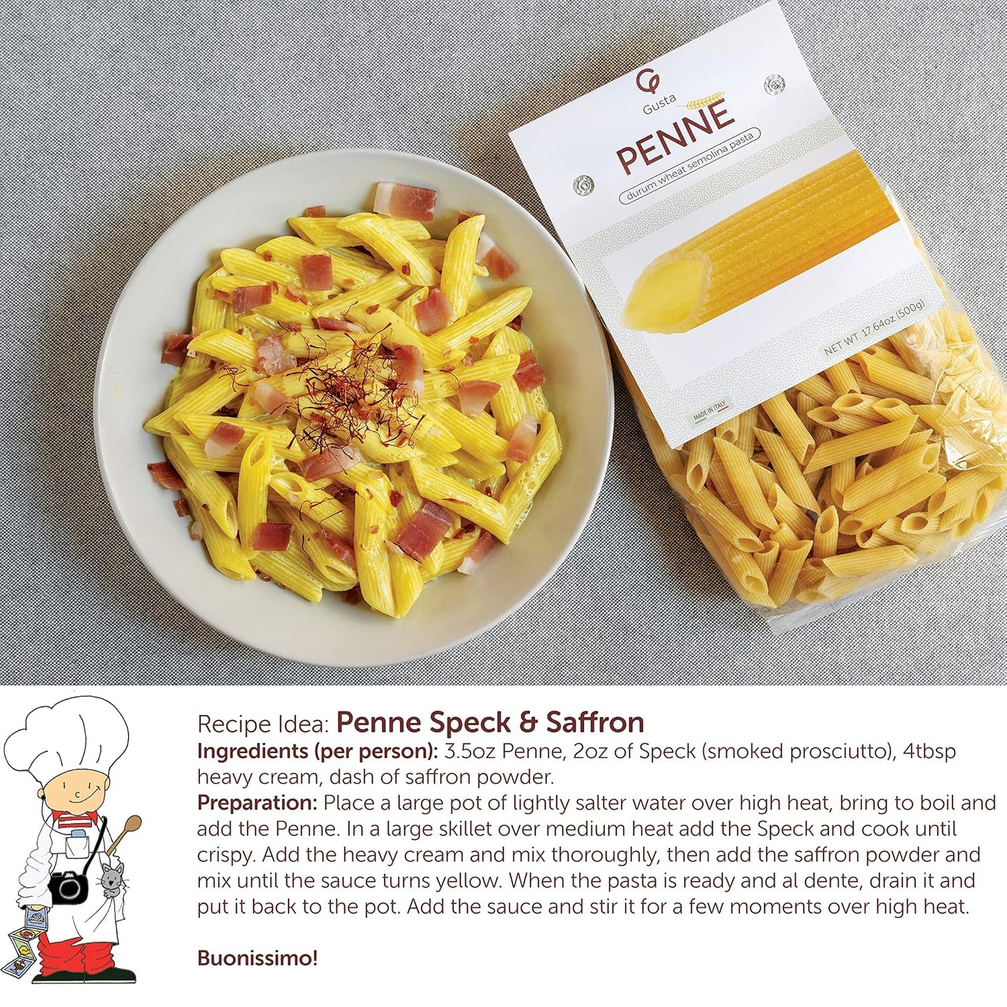 Gusta Penne Rigate Pasta - Premium Italian Pasta from Italy - Durum Wheat Semolina Organic "Al Dente" Pasta - Non-GMO &amp; Gourmet Pasta - Family Owned Brand - 17.64oz / 500g (2 Pack)