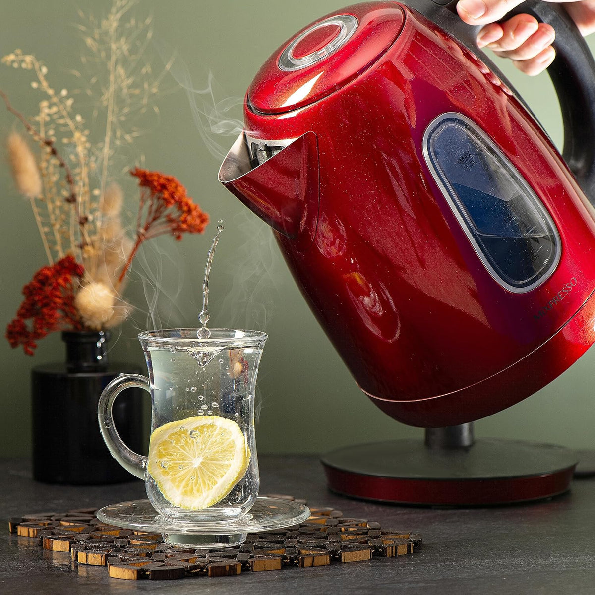Mixpresso Red Stainless Steel Electric Kettle, 1.7L Cordless 1500W
