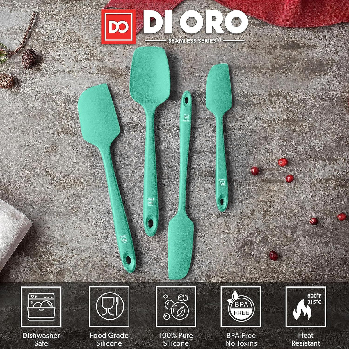 DI ORO Silicone Spatula Set - Rubber Kitchen Spatulas for Baking, Cooking, & Mixing - 600°F Heat-Resistant & BPA Free Silicone Scraper Spatulas for Nonstick Cookware - Dishwasher Safe (4pc, Mint)