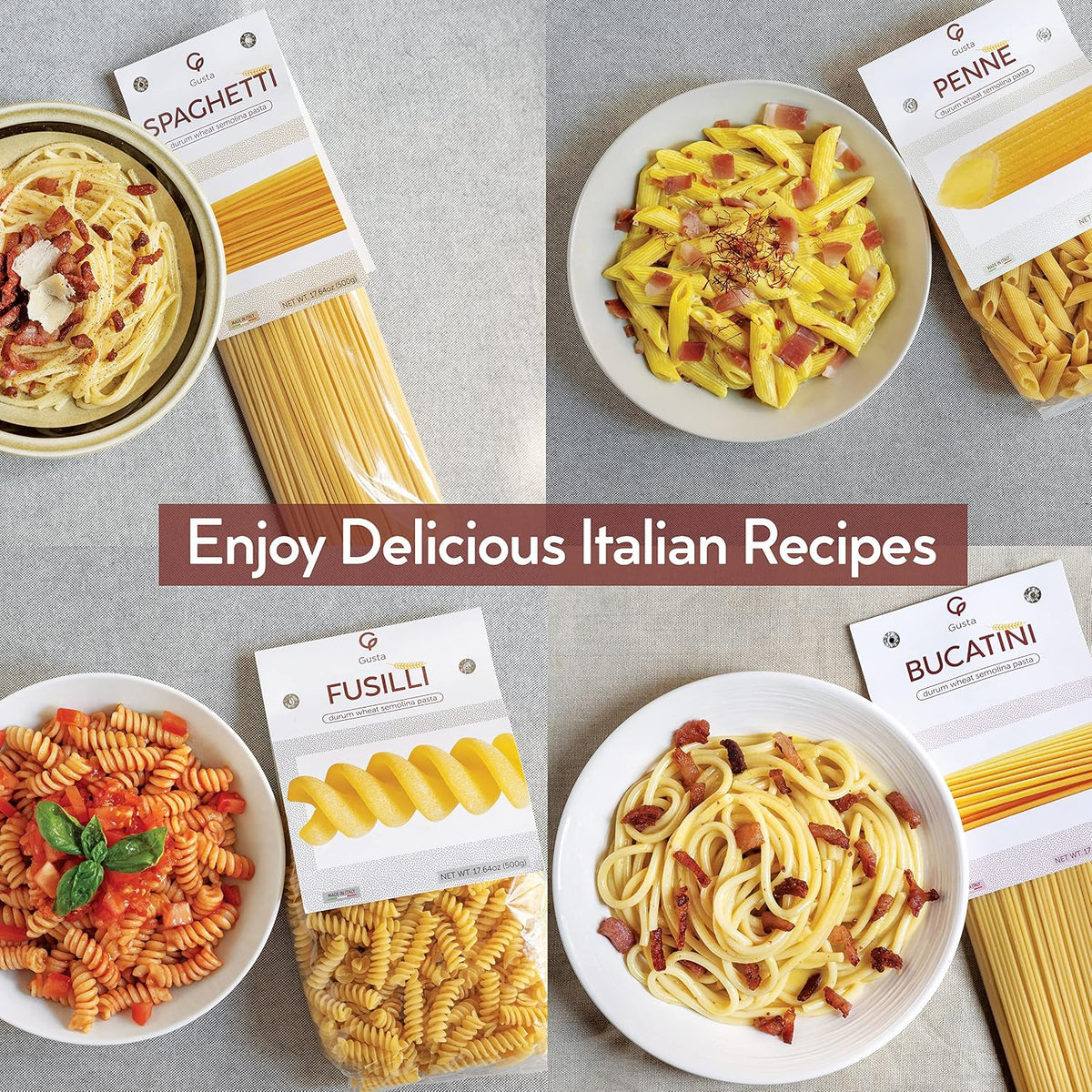 Gusta Bucatini Pasta Noodles Variety Pack - Premium Italian Pasta from Italy - Durum Wheat Semolina - Slow Drying - Non-GMO &amp; Gourmet - Family Owned Brand - 17.64oz / 500g (8 Pack)