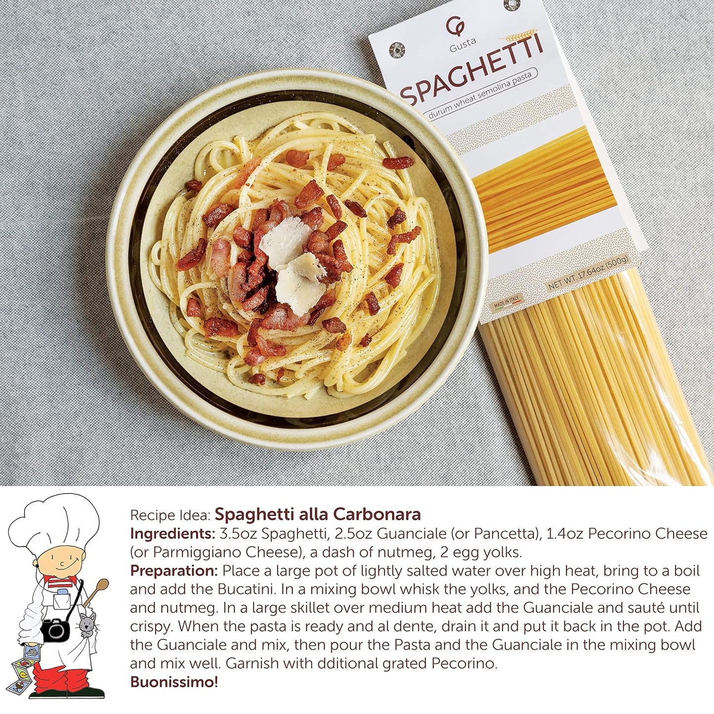 Gusta Spaghetti Noodles Pasta - Premium Italian Pasta from Italy - Durum Wheat Semolina Organic "Al Dente" Pasta - Non-GMO &amp; Gourmet Pasta - Family Owned Brand - 17.64oz / 500g (2 Pack)