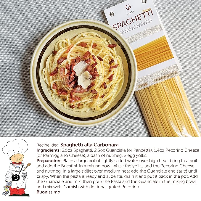 Gusta Spaghetti Noodles Pasta - Premium Italian Pasta from Italy - Durum Wheat Semolina Organic "Al Dente" Pasta - Non-GMO & Gourmet Pasta - Family Owned Brand - 17.64oz / 500g (2 Pack)