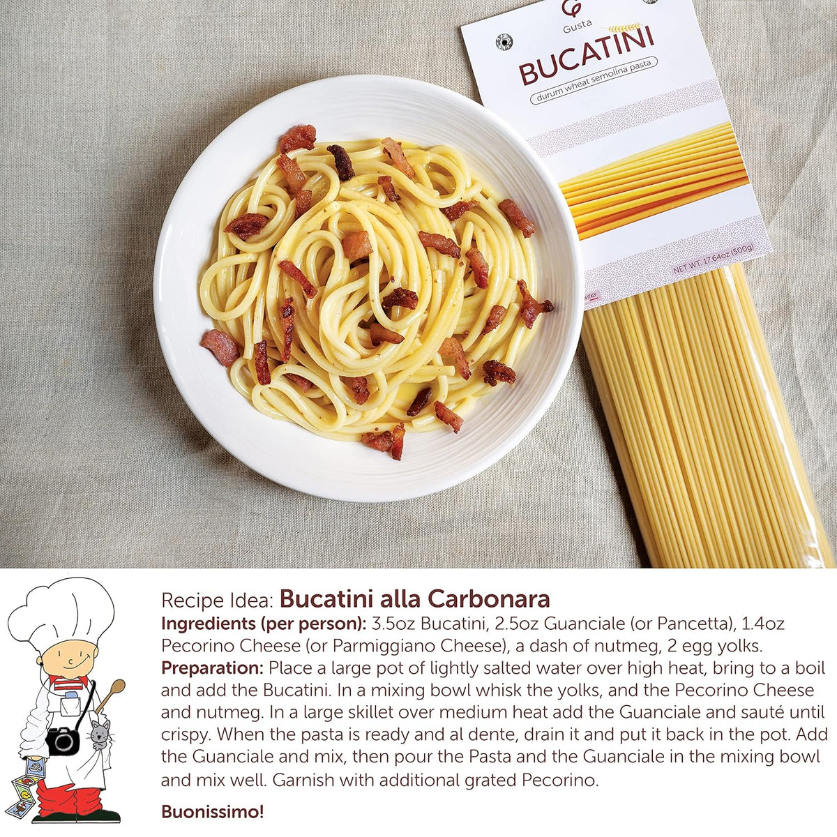 Gusta Bucatini Pasta Noodles - Premium Italian Pasta from Italy - Durum Wheat Semolina Organic "Al Dente" Pasta - Non-GMO &amp; Gourmet Pasta - Family Owned Brand - 17.64oz / 500g (2 Pack)