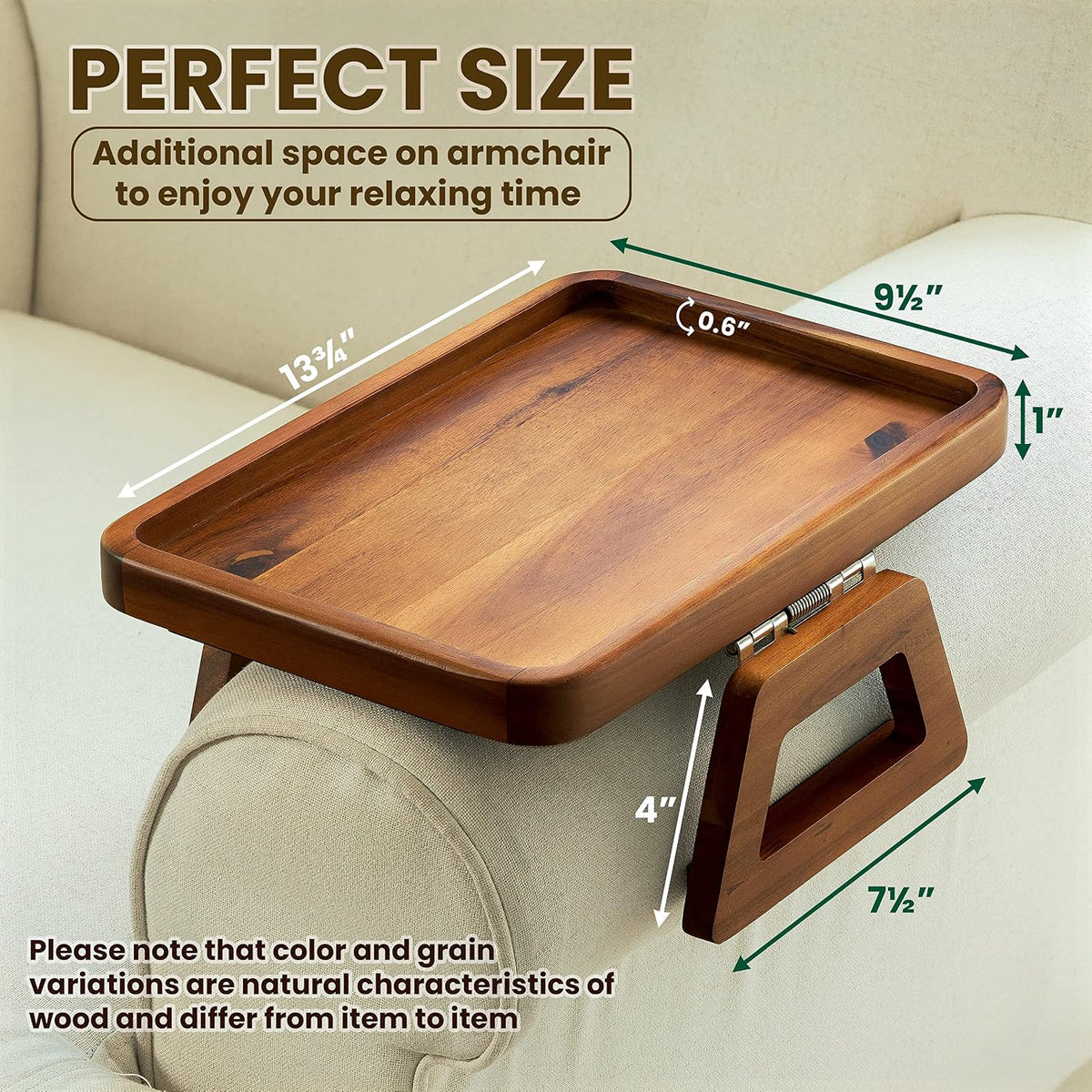 TINAMO Large Acacia Wood Couch Arm Table, Fits Most Sofas, 13.75" x 9.5" | Solid Acacia Wood Construction, Spacious Display Surface, Clips Securely with Grip, Foldable &amp; Portable, No Assembly Needed