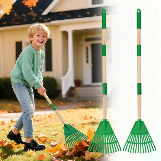 Green lightweight plastic garden rake with wood handle for kids